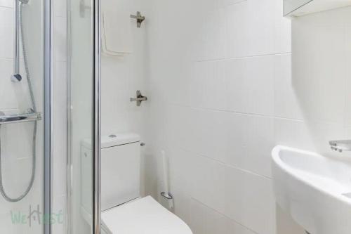 里昂Duplex-Université的带淋浴、卫生间和盥洗盆的浴室