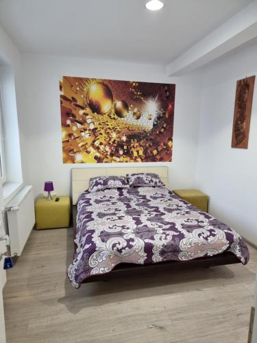 肯普隆格Casa Musceleana的卧室配有一张床,墙上挂有绘画作品