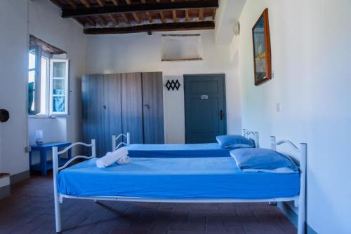 卡麦奥雷Ostello di Camaiore的一间卧室配有两张带蓝色枕头的床