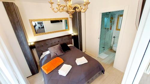 维罗纳Piccolo Mondo Verona的一间卧室配有一张带镜子和吊灯的床。