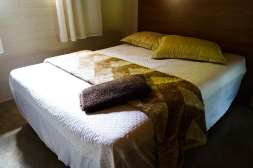 贡萨尔维斯Chalé Vista da Pedra的一张带毯子的床和两个枕头