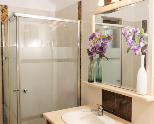 阿斯特里昂Stone House的浴室设有水槽、镜子和鲜花