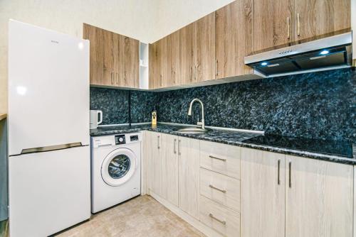 巴库Comfort City center 2 bedrooms的厨房配有白色冰箱和洗碗机。