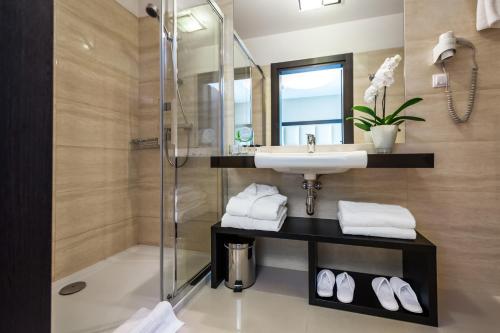 克拉科夫女王精品酒店的一间带水槽和淋浴的浴室