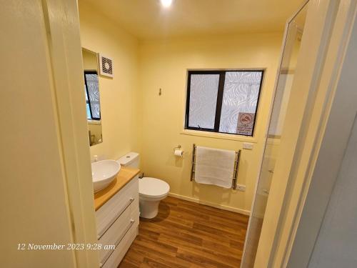 WhakatahuriCountry Cottage Rotorua的一间带水槽和卫生间的浴室以及窗户。