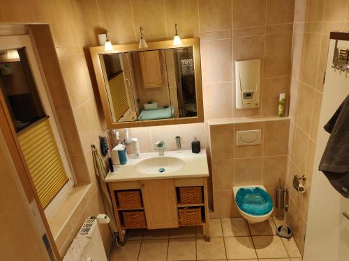 汉诺威Gästezimmer的一间带水槽、卫生间和镜子的浴室