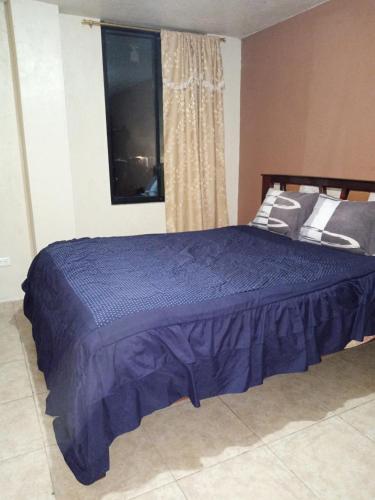 帕帕亚克塔Hostal Restaurante el Fogón Campero的卧室内的一张蓝色的床,卧室设有窗户