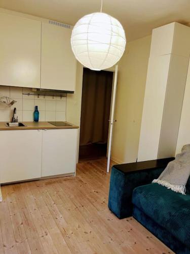 胡丁厄Nice two room flat 15 minutes from Stockholm C .的带沙发的客厅和厨房