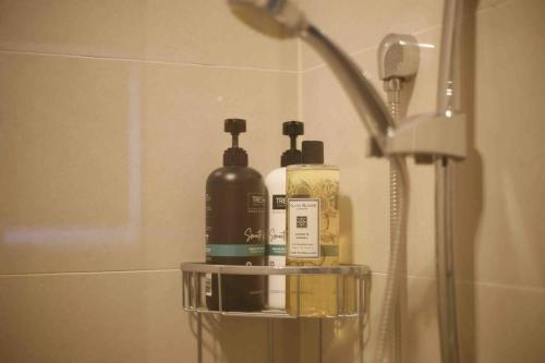 伯伍德Perfectly modern living home in Burwood的浴室提供三瓶肥皂和淋浴