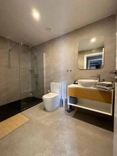 Sere KundaFar Out Apartments - Kololi Sands的一间带卫生间、水槽和镜子的浴室