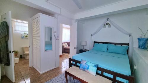 苏弗里耶尔The Suite Spot Apartment - Private Paradise Stay的一间卧室配有蓝色的床和椅子