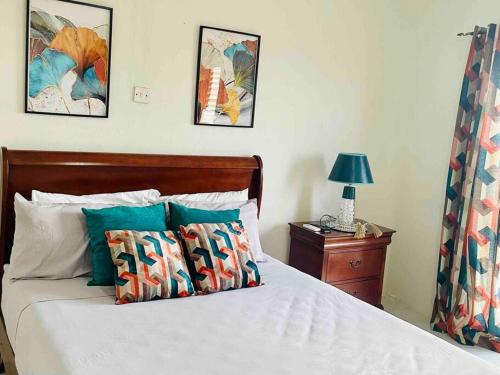迪斯卡弗里贝VaeTropicalParadise Free Beach & Pool Access的卧室配有一张墙上有两张照片的床。