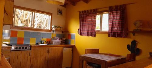Santa CruzHopi Cadushi Apartment的厨房设有黄色的墙壁、桌子和窗户。