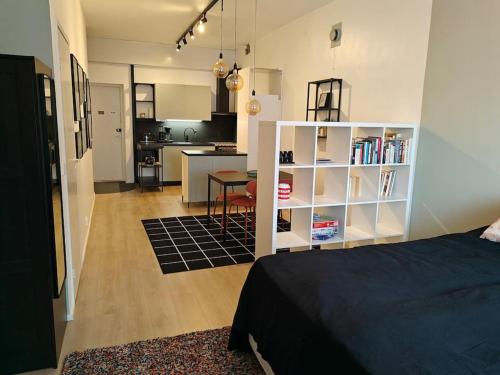 皮耶塔尔萨里Brooms - Newly renovated central studio apartment的一间设有床铺的房间和一间位于客房内的厨房