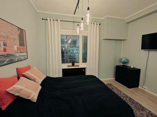 皮耶塔尔萨里Brooms - Newly renovated central studio apartment的一间卧室设有一张黑色的床和一个窗户。