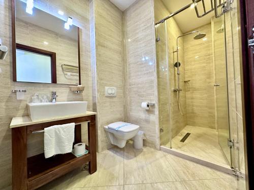 苏托莫雷Hotel Porto Sole的浴室配有盥洗盆、卫生间和淋浴。