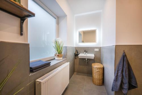 科布伦茨120qm, cozy Apartment, sehr zentral am HBF, 3SZ的一间带水槽和窗户的浴室