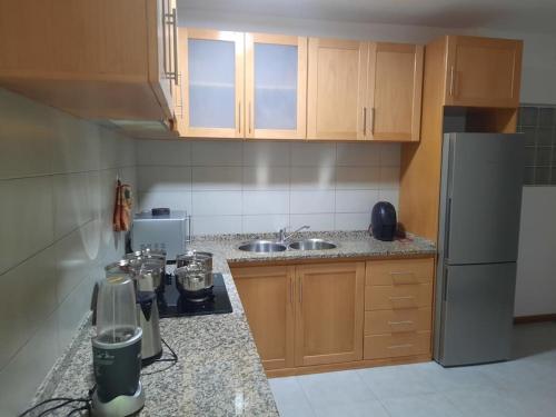 普拉亚Isa House - 2 Room Apartament的厨房配有炉灶、水槽和冰箱。