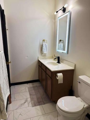 约翰逊城Queen bed ETSU, Milligan, JCMC, Downtown JC的一间带卫生间、水槽和镜子的浴室