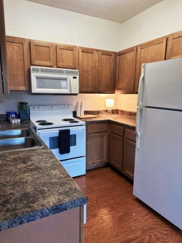 约翰逊城Queen bed ETSU, Milligan, JCMC, Downtown JC的厨房配有白色炉灶和冰箱。