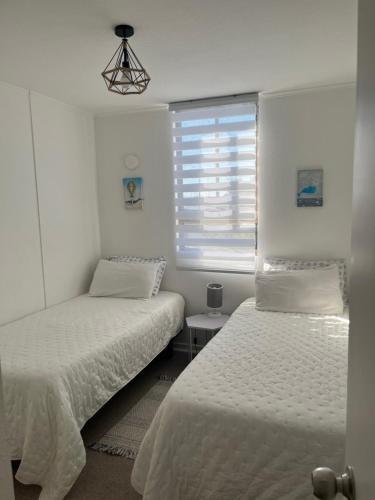 卡尔德拉descanso y paz的白色客房的两张床,设有窗户