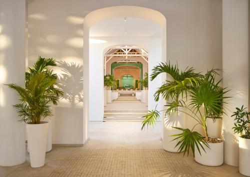 贝尔马尔LUX* Belle Mare Resort & Villas的楼内带有盆栽的走廊