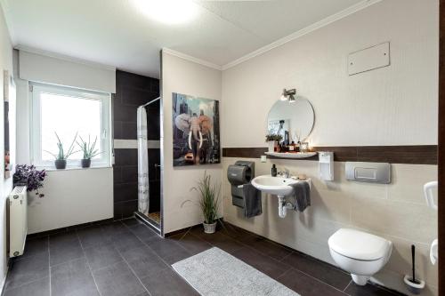 诺德施泰特Pension Haus am Kohfurth的一间带水槽、卫生间和镜子的浴室