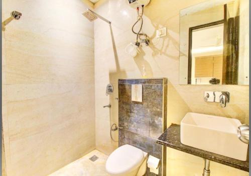 新德里Hotel The Glory Near Delhi International Airport的一间带卫生间、水槽和镜子的浴室