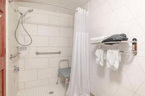南波特兰康福特茵机场酒店的浴室内设有带浴帘的白色淋浴