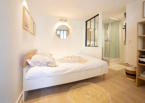 瓦朗斯3. charmant appartement proche centre et gare的卧室配有白色的床和镜子