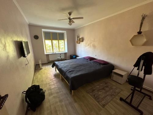 IvanceaLe Rustique的一间卧室配有一张床和吊扇