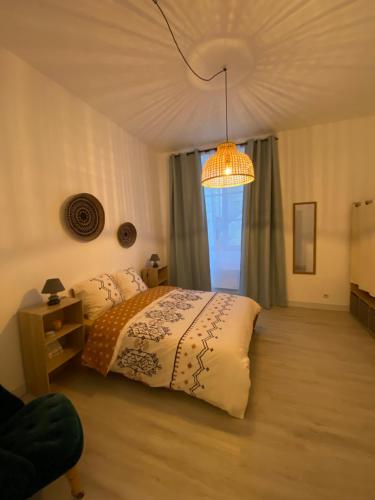 希农Appartement Cosy avec vue sur le château的一间卧室配有一张床和一个吊灯