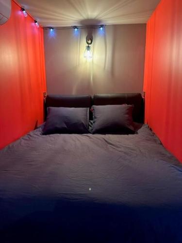 埃皮纳勒Love Room Cocooning & Spa的一间卧室配有一张红色墙壁和灯光的床