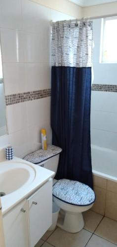 拉塞雷纳Hospedaje Walgün的浴室配有蓝色的浴帘和卫生间