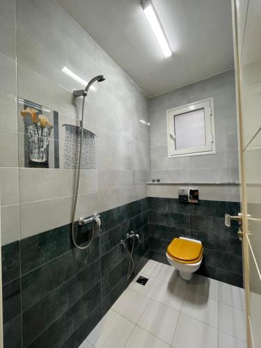 Le BardoSublime duplex au Bardo Tunis的带淋浴的浴室以及带黄色座椅的卫生间。