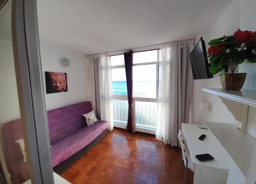 塔科龙特Paraiso的客厅配有紫色沙发和窗户
