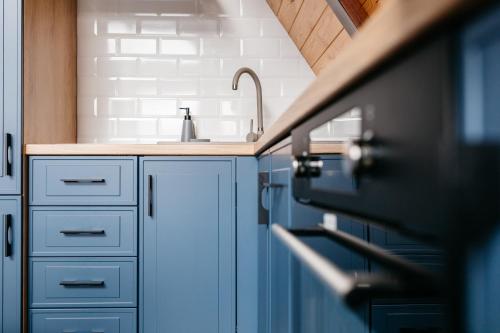 里梅泰亚KARL's Cabin by Black & White Panoramic的厨房配有蓝色橱柜和水槽