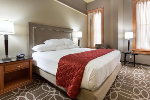 圣安东尼奥圣安东尼奥河滨德鲁利套房酒店的酒店客房设有一张大床和两盏灯。