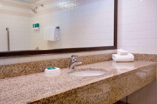 圣路易斯Pear Tree Inn St Louis Convention Center的浴室的柜台设有水槽和镜子
