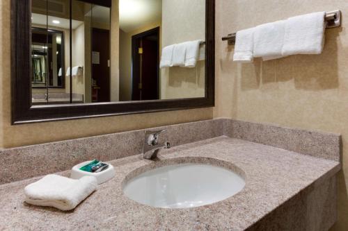 伯明翰伯明翰格兰德维尤特鲁里街旅馆＆套房的浴室的柜台设有水槽和镜子