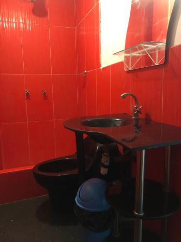 瓦拉斯Departamento Amoblado的红色的浴室设有水槽和卫生间