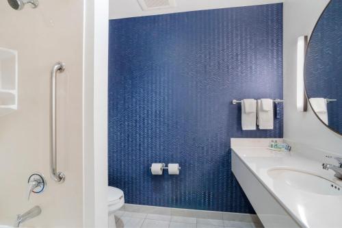布恩布恩费尔菲尔德套房酒店的蓝色的浴室设有水槽和卫生间
