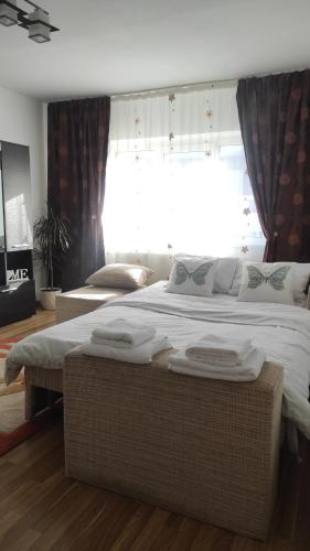 布拉索夫Noua Apartment的一间卧室设有一张大床和一个窗户。