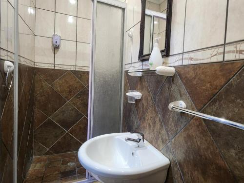 金伯利阿格洛斯宾馆的一间带水槽、淋浴和镜子的浴室