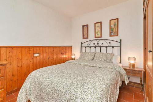 弗里希利亚纳Casita Frigiliana的一间卧室配有一张床和一张桌子上的两盏灯。