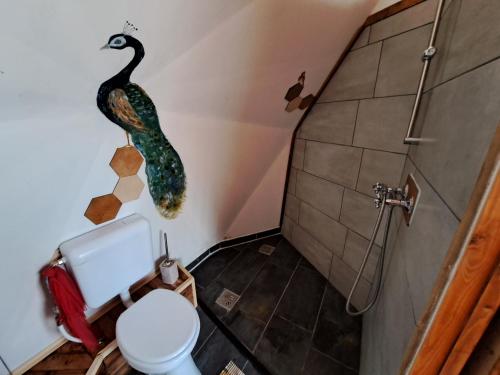 德布勒森Lélek Lak Dome的浴室设有卫生间,墙上挂着孔雀