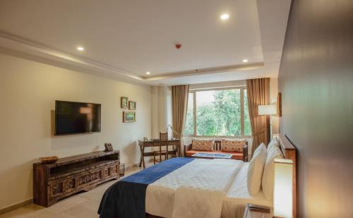 伊斯兰堡Roomy Signature Hotel, Islamabad的一间卧室设有一张大床和一个窗户。