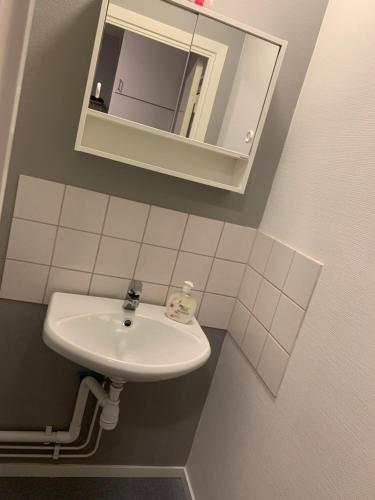 雪平Vandrarhem Köping的浴室设有白色水槽和镜子