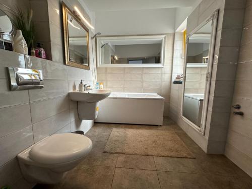 巴克乌Downtown "Rendez-Vous" Luxury的浴室配有卫生间、浴缸和水槽。