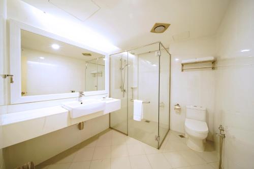 瓜拉丁加奴瓜拉丁加奴迷人酒店的一间带水槽、卫生间和镜子的浴室